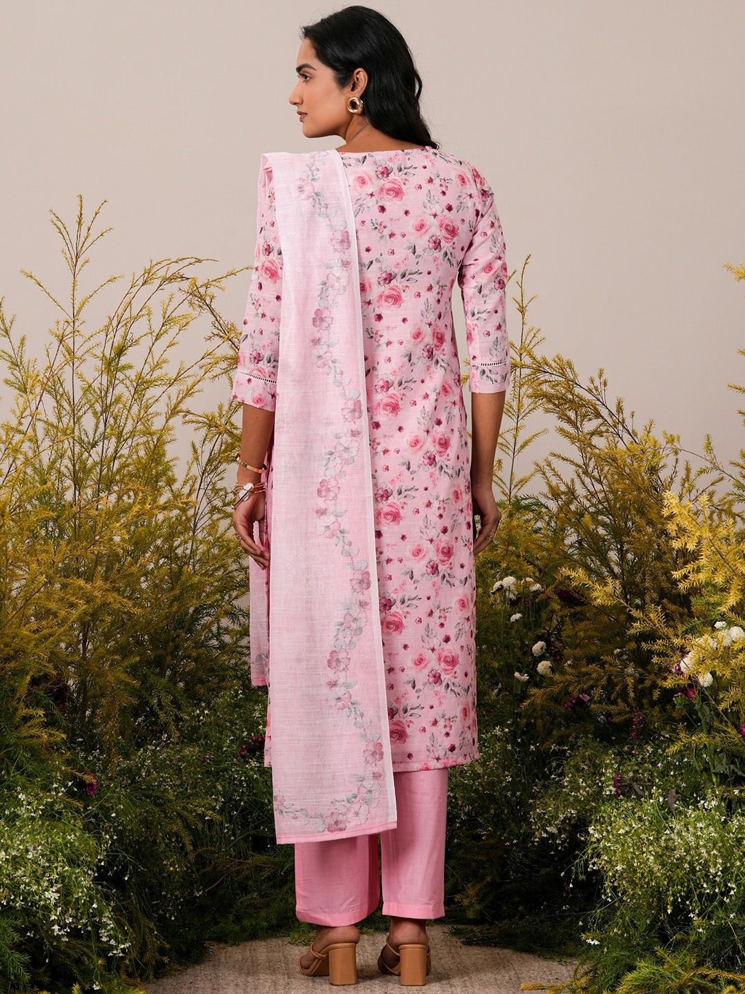 Libas Floral Printed Round Neck Thread Work Linen Kurta with Trousers & With Dupatta