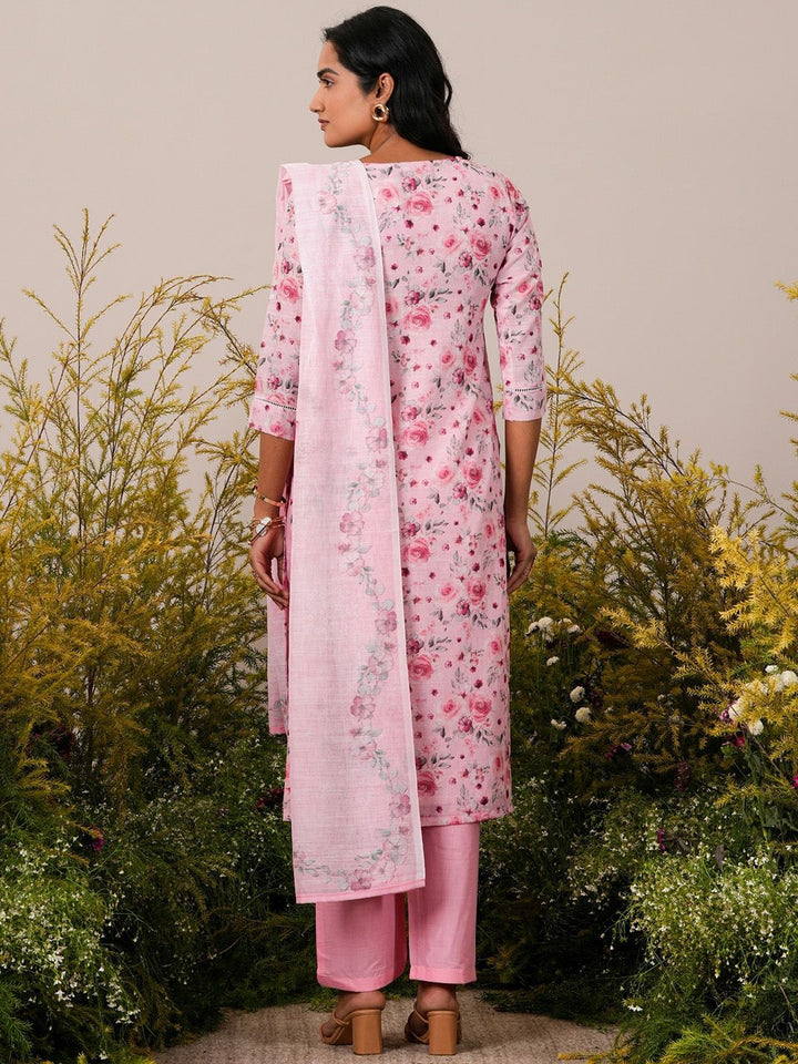 Libas Floral Printed Round Neck Thread Work Linen Kurta with Trousers & With Dupatta
