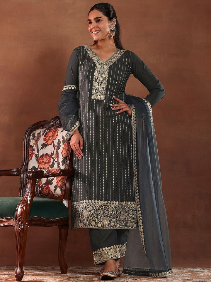 Libas Black and Grey Floral Embroidered Thread Work Kurta with Trouser & Dupatta