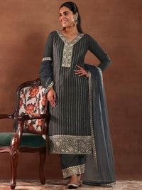 Libas Black and Grey Floral Embroidered Thread Work Kurta with Trouser & Dupatta