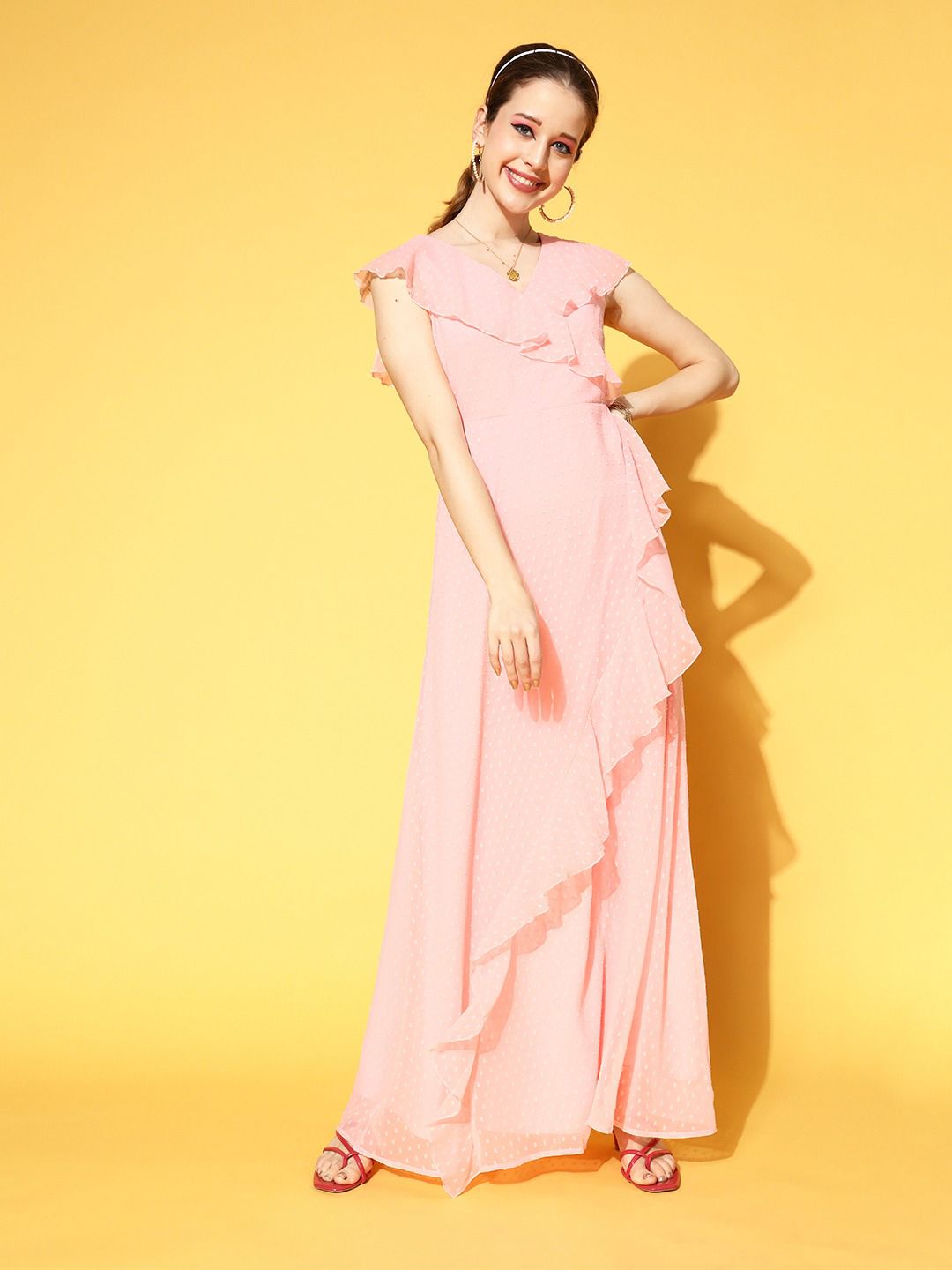 Berrylush Women Pretty Pink Self-Design Feminine Frills Dress