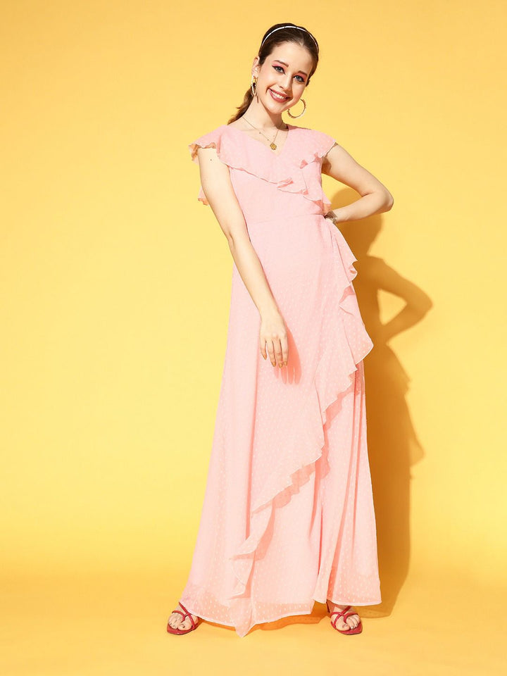 Berrylush Women Pretty Pink Self-Design Feminine Frills Dress