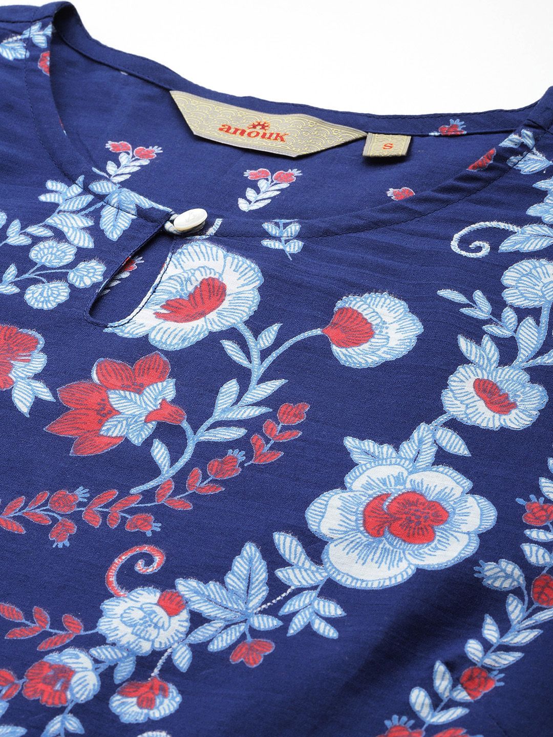 Anouk X Kaarkhana Pure Cotton Floral Print Keyhole Neck Indigo Kurta