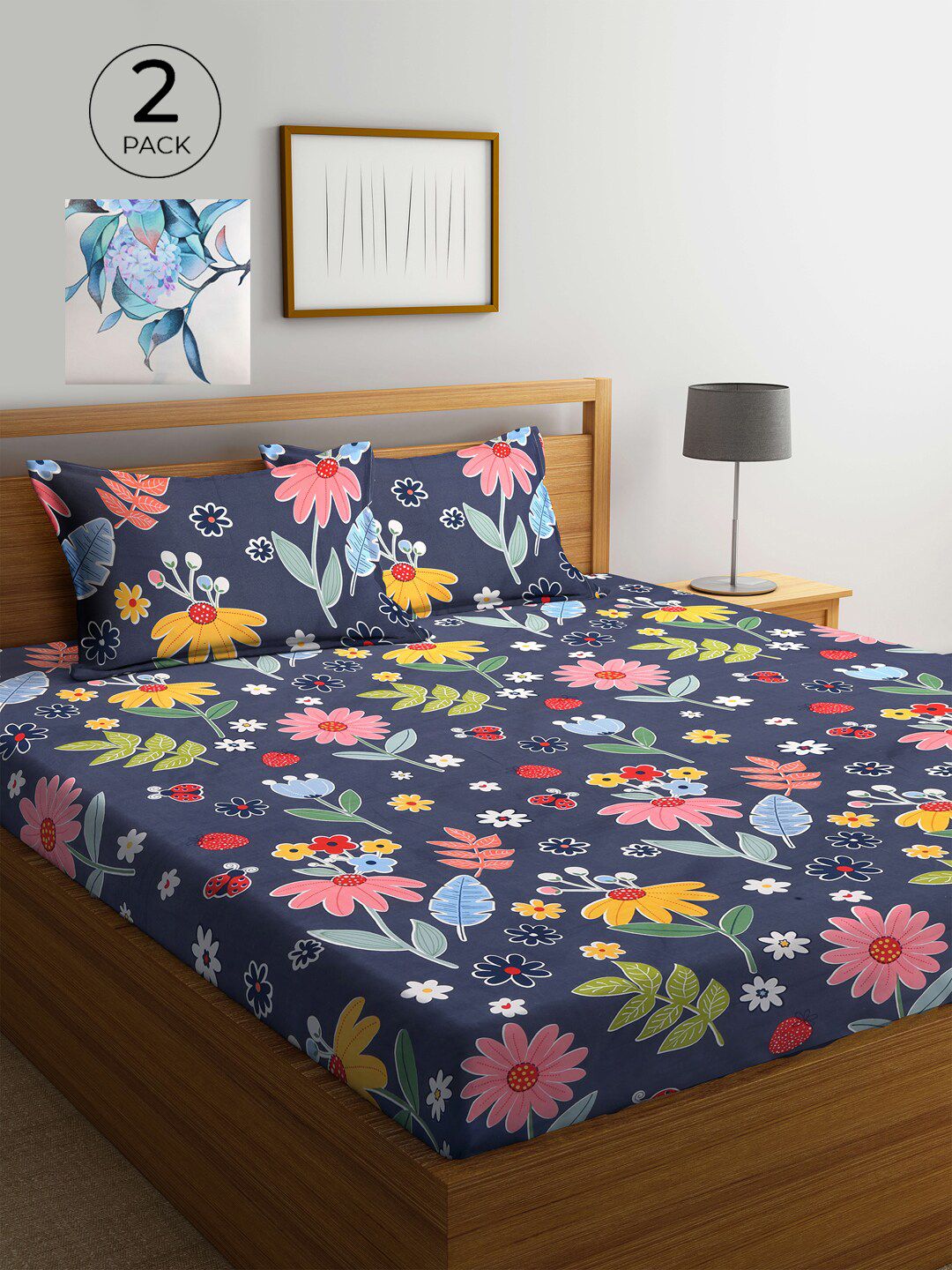 KLOTTHE Navy Blue Floral Cotton 300 TC King Fine 2 Cadar dengan 4 Sarung Bantal-98 x 87 inci