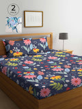 KLOTTHE Navy Blue Floral Cotton 300 TC King Fine 2 Cadar dengan 4 Sarung Bantal-98 x 87 inci