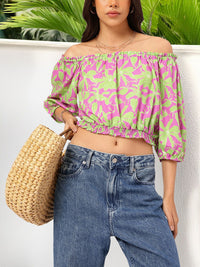 DressBerry Leafy Love Printed Off-Shoulder Blouson Crop Top