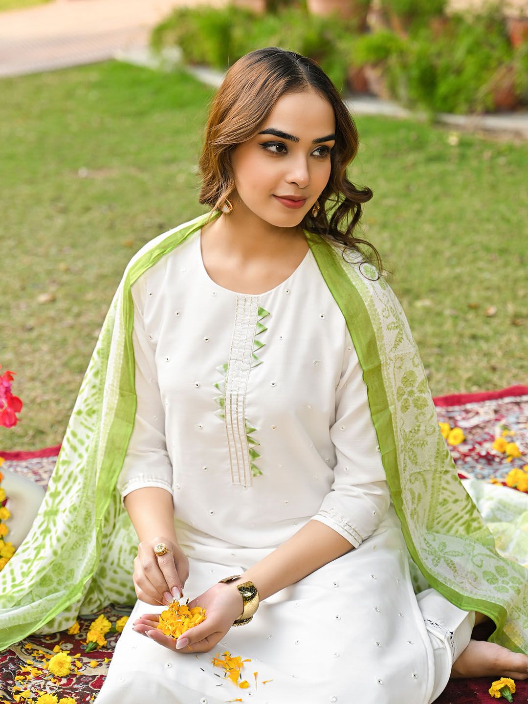 KALINI Women Embroidered Regular Gotta Patti Kurta with Trousers & With Dupatta