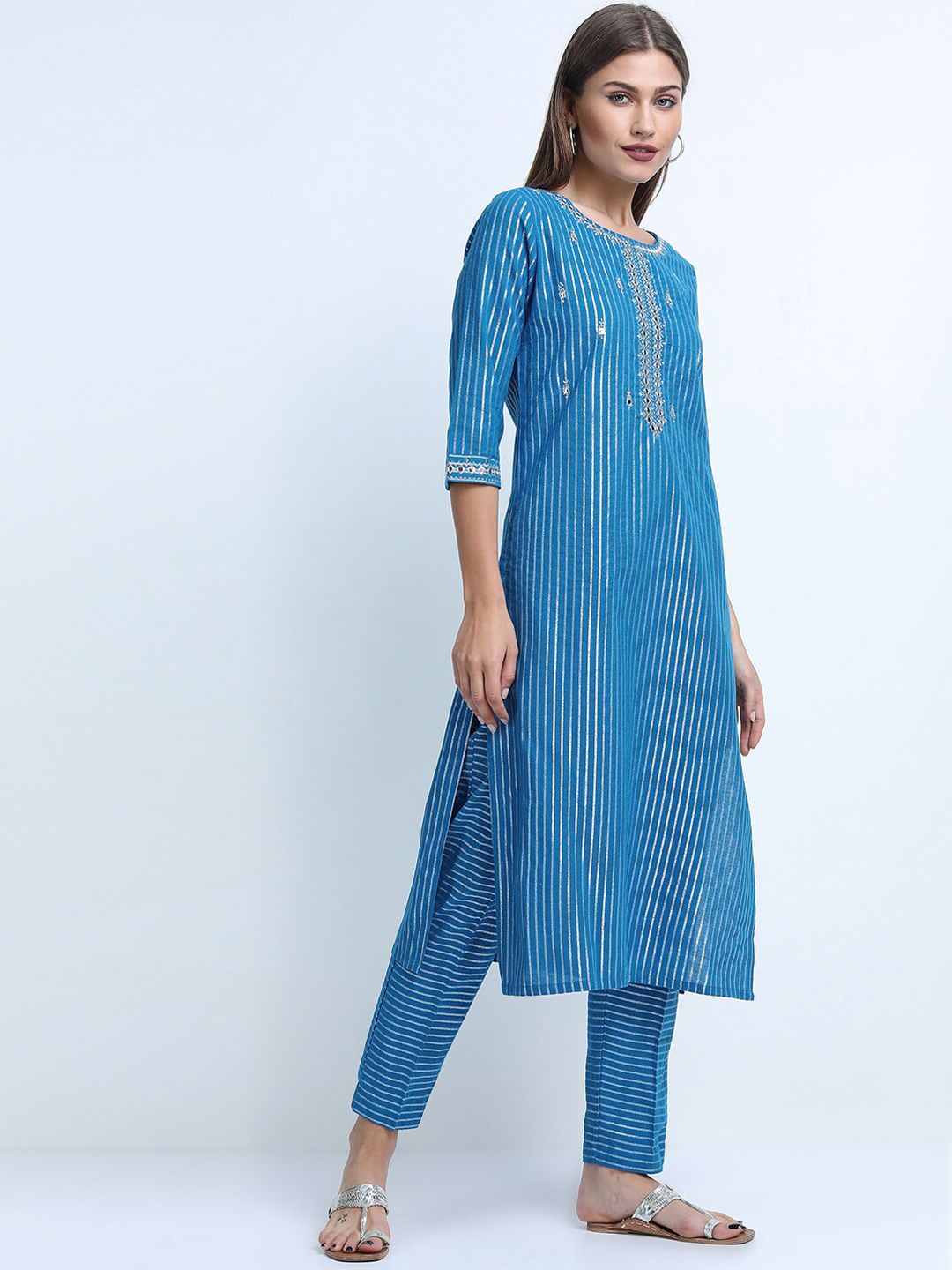 Vishudh Women Blue Striped Thread Work Pure Cotton Kurta with Trousers