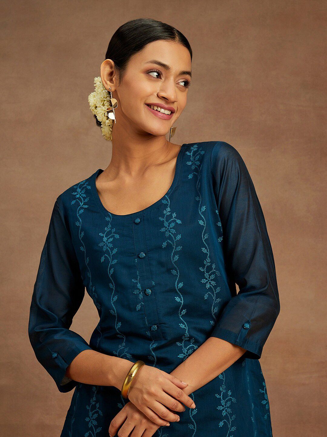 Libas Floral Embroidered Chanderi Silk Kurta