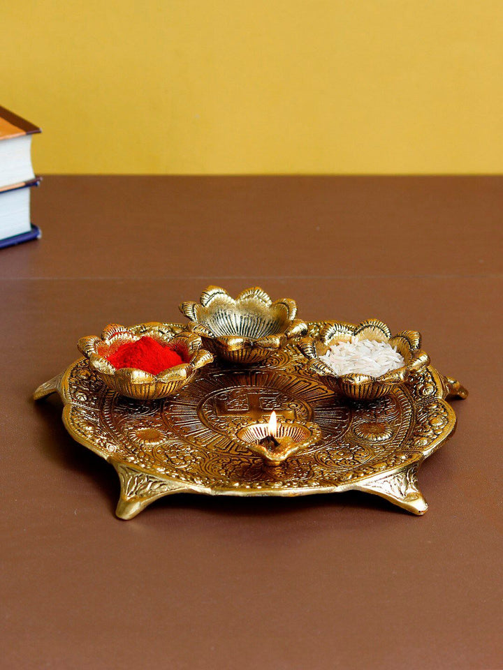 eCraftIndia Gold-Toned Swastik Pooja Thali Bowl & Diya Showpiece