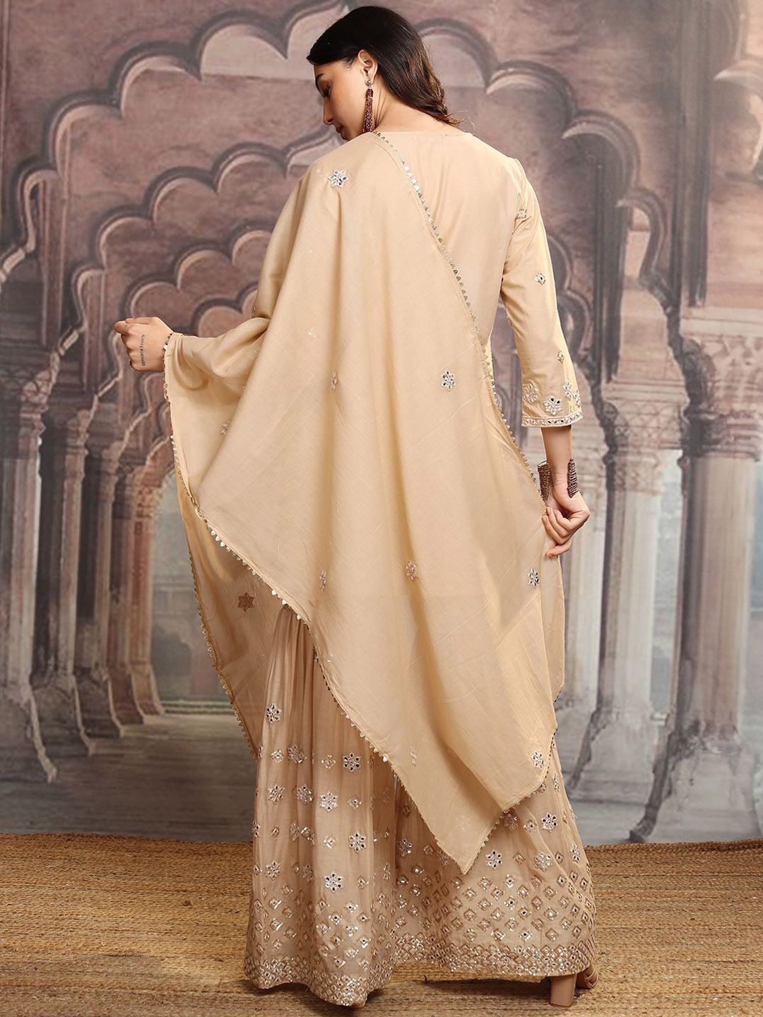 Vishudh Beige V Neck Floral Embroidered Regular Pure Cotton Straight Kurta Set