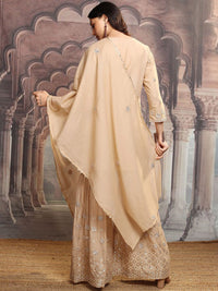 Vishudh Beige V Neck Floral Embroidered Regular Pure Cotton Straight Kurta Set