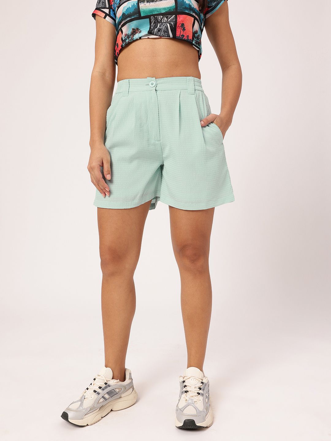 DressBerry Women Stay Cool Pleated Seersucker High-Rise Regular Shorts