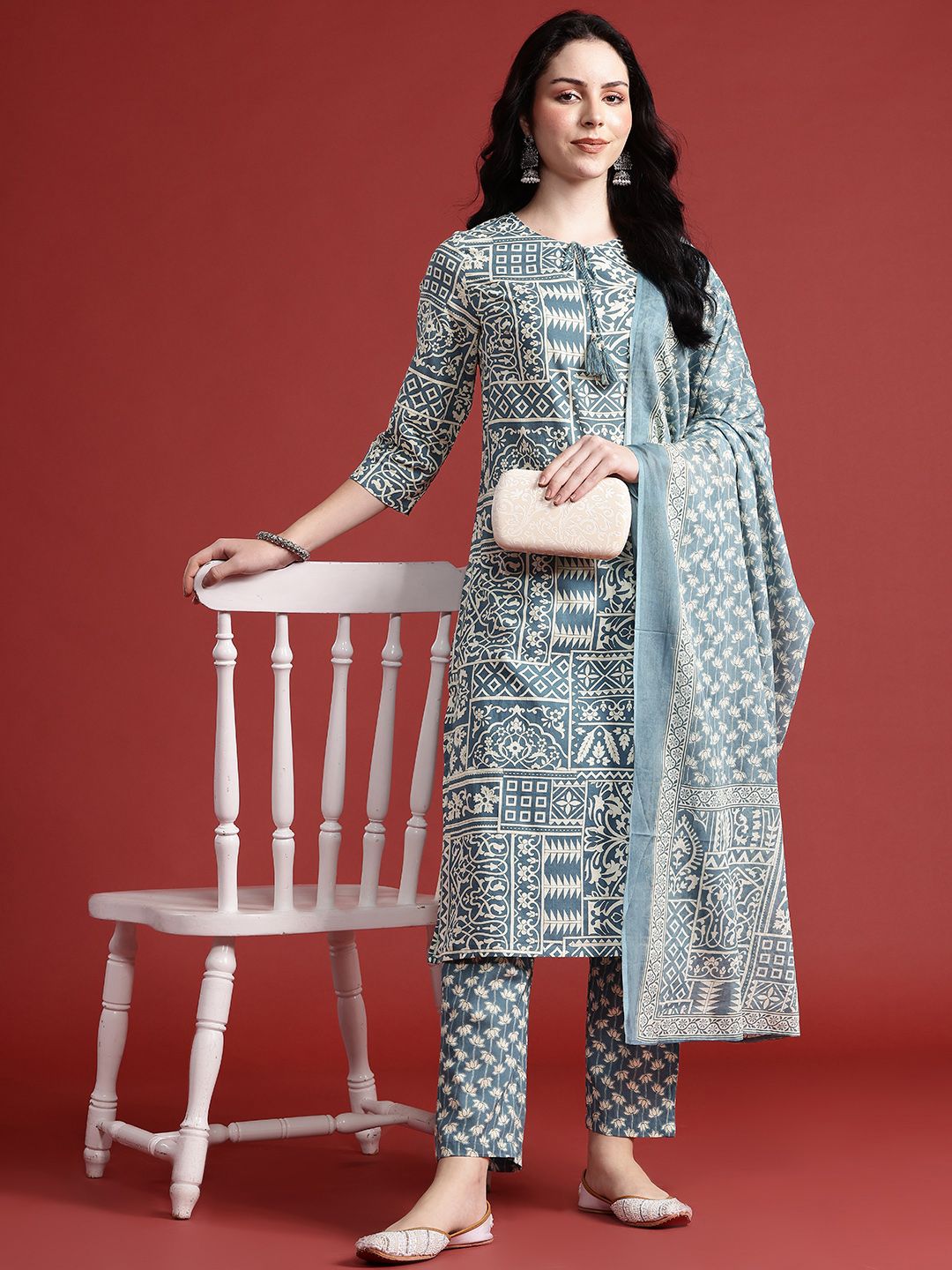 Anouk Ethnic Motif Print Pure Cotton Kurta with Trousers & Dupatta