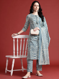 Anouk Ethnic Motif Print Pure Cotton Kurta with Trousers & Dupatta