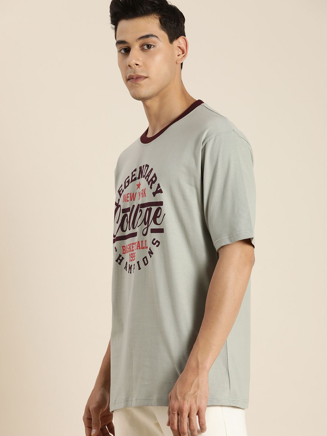 DILLINGER Men Grey & Black Sports Printed Drop-Shoulder Sleeves Pure Cotton Oversized T-shirt