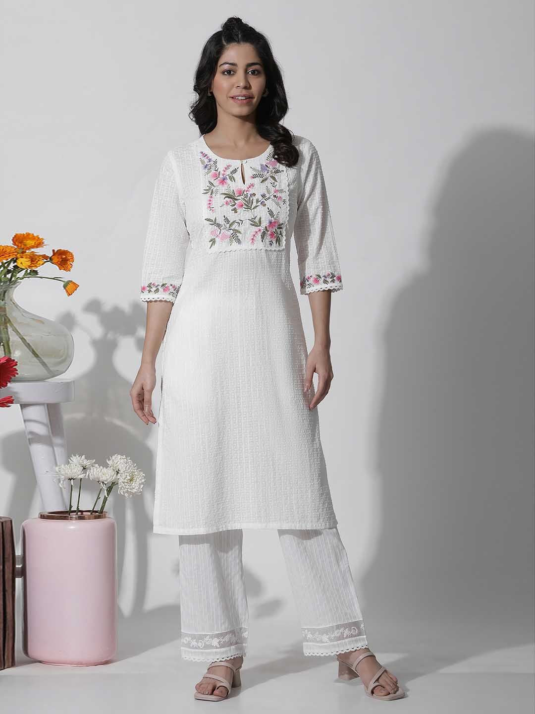 W Floral Yoke Design Thread Work Pure Cotton Straight Kurta