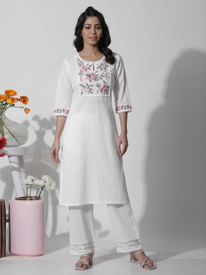W Floral Yoke Design Thread Work Pure Cotton Straight Kurta