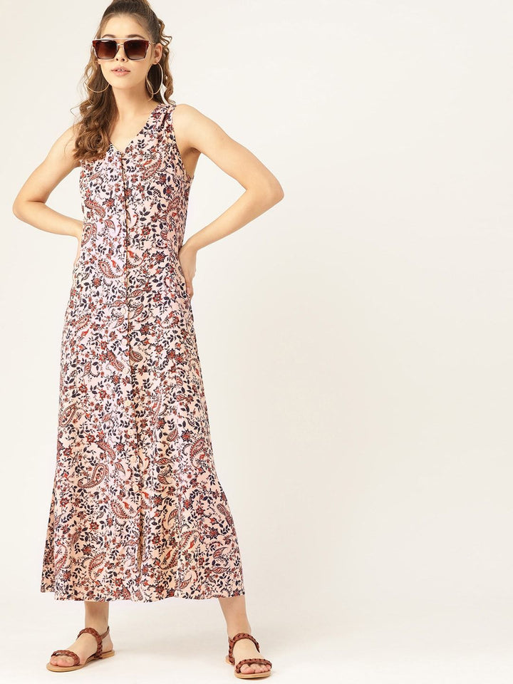 DressBerry Pink & Navy Blue Floral Printed Maxi Dress
