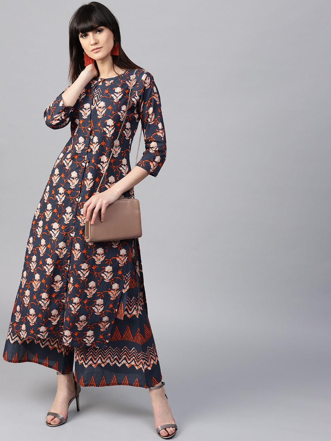 Gerua By Libas Women Navy  Orange Printed Kurta with Palazzos
