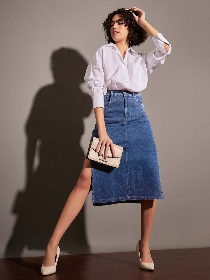 SASSAFRAS Blue Side Slit A-Line Midi Skirt