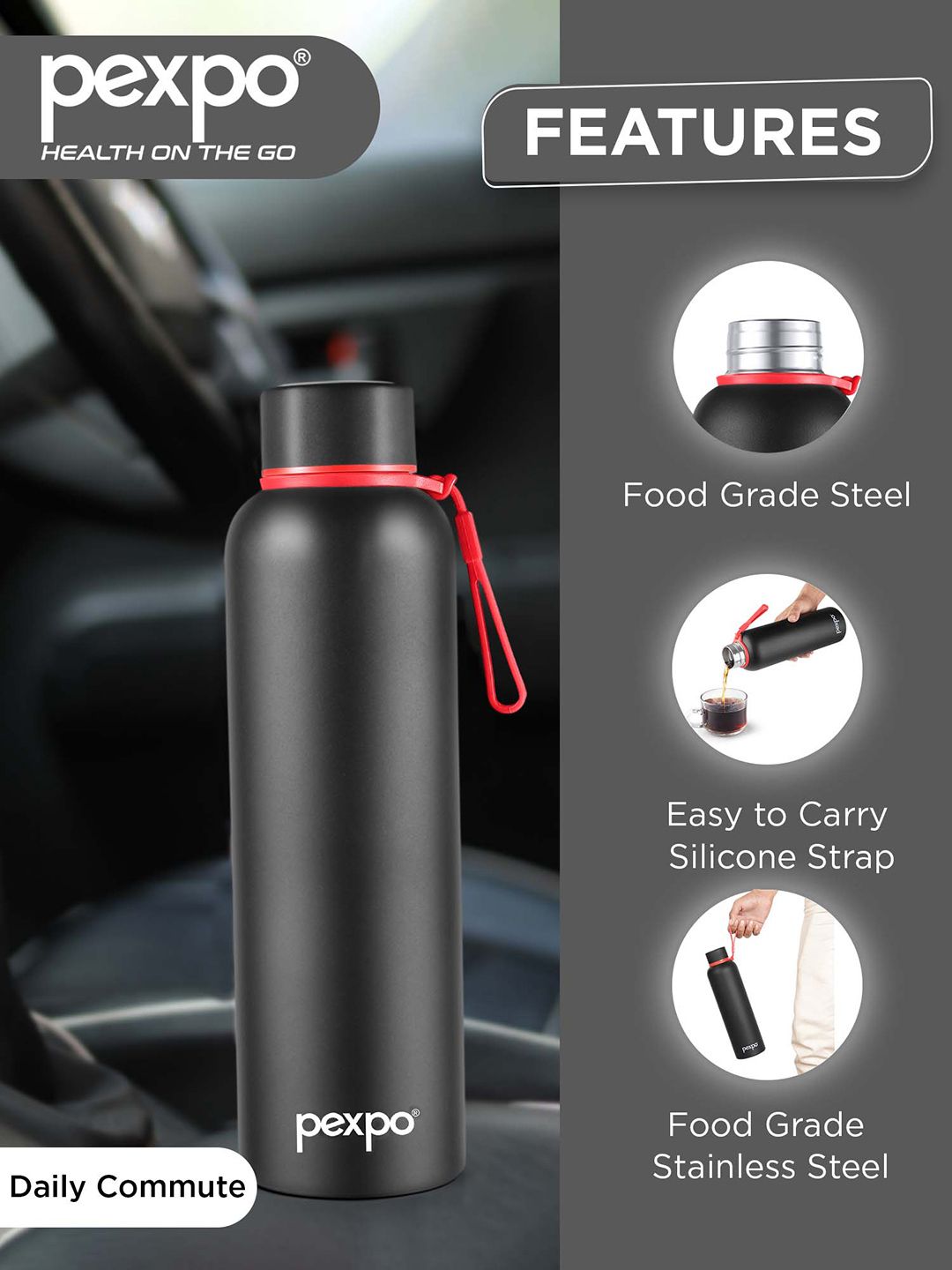Pexpo Bravo Black ISI Certified Thermosteel Hot & Cold Insulated Water Bottle 1L