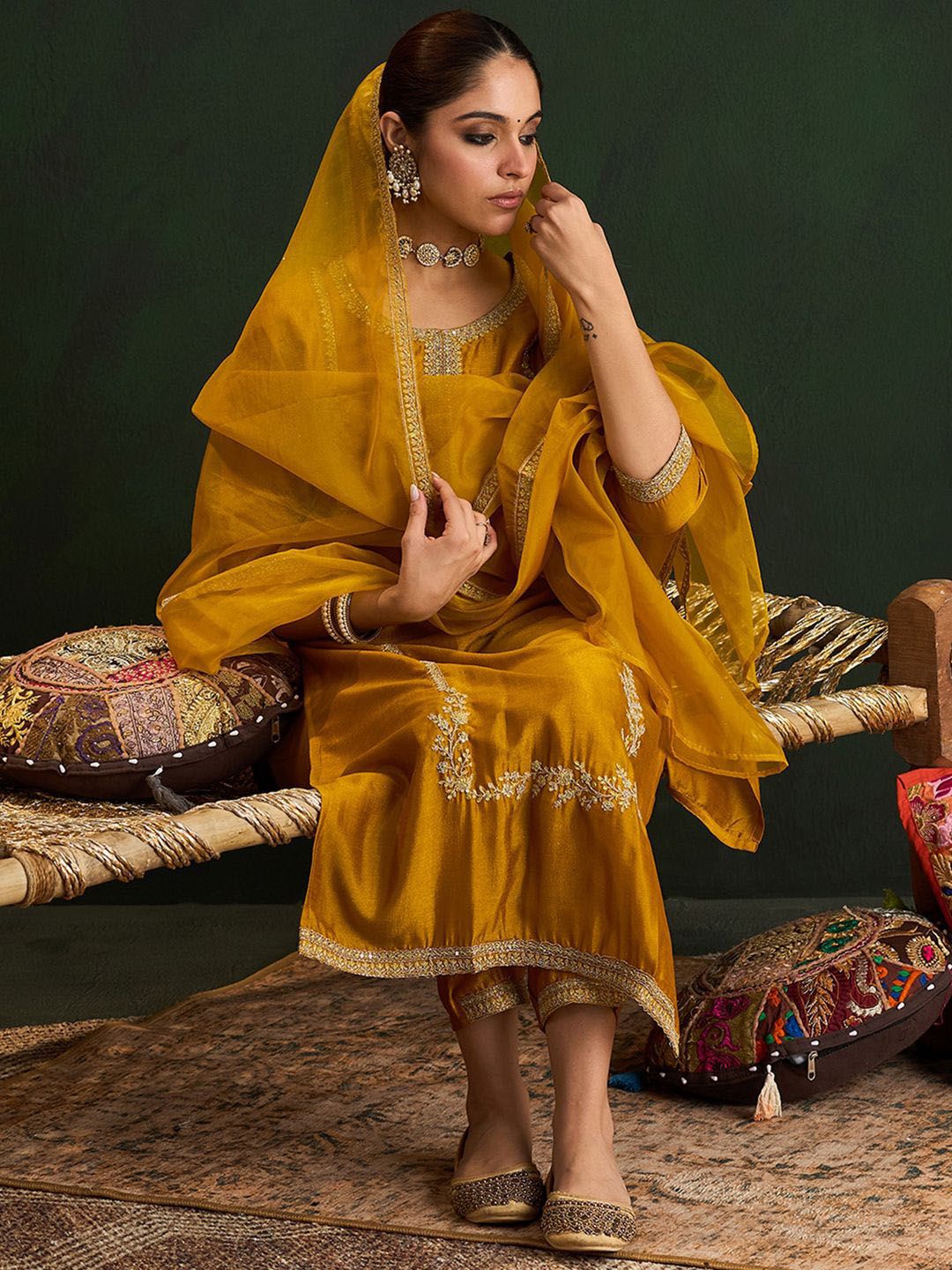 Indo Era Ethnic Motifs Embroidered Sequinned Kurta With Trousers & Dupatta