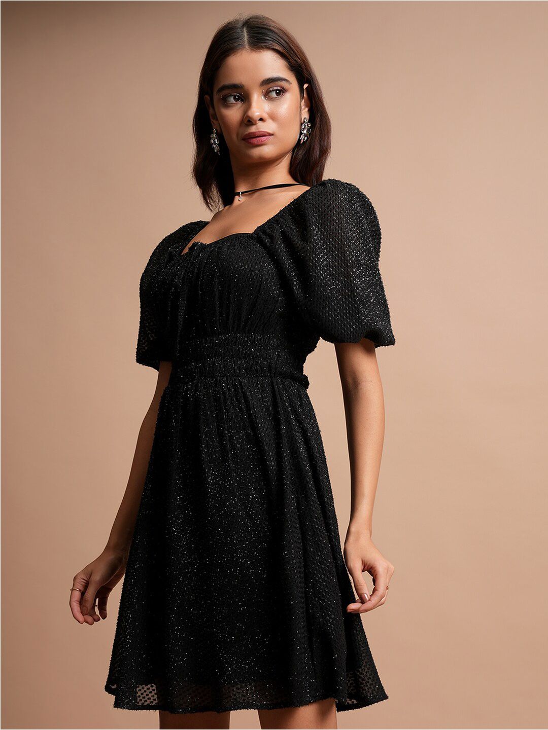 Tokyo Talkies Black Self Design A-Line Dress