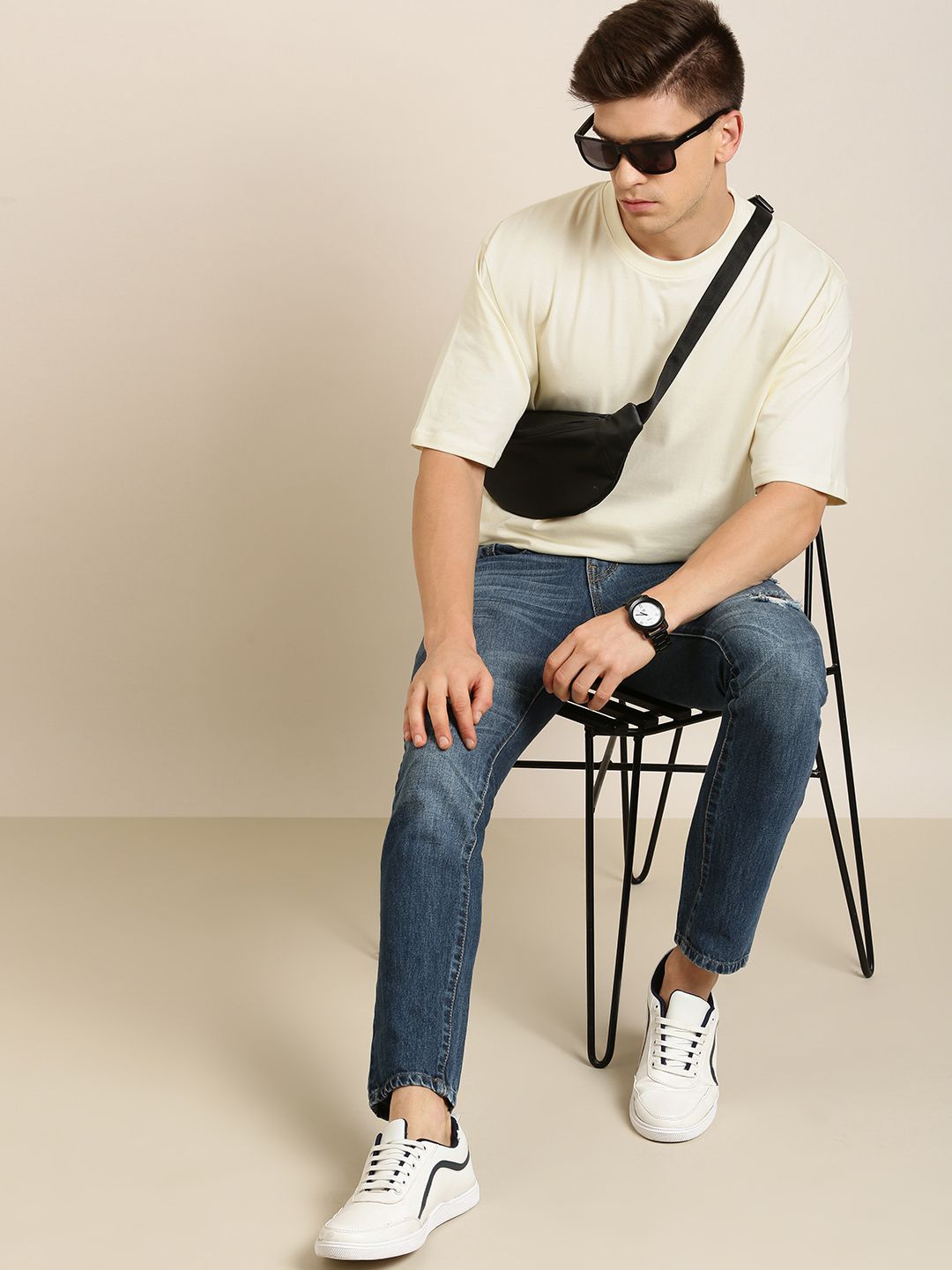 DILLINGER Men Cream-Coloured Pure Cotton Drop-Shoulder Sleeves Oversized Fit T-shirt