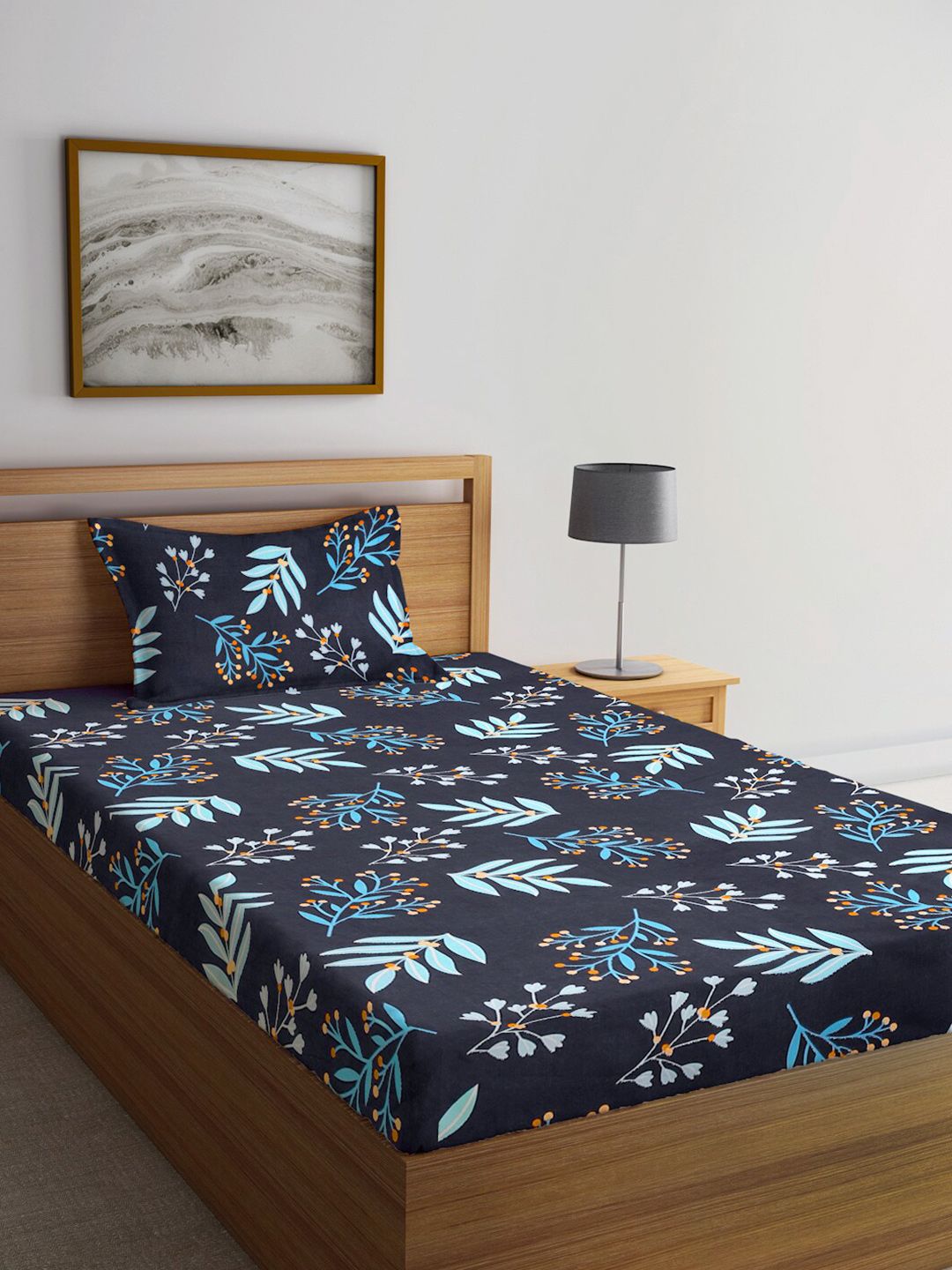 KLOTTHE Black Floral Polycotton 300 TC Dilengkapi Cadar Bujang Halus dengan Sarung Bantal-87 x 59 inci