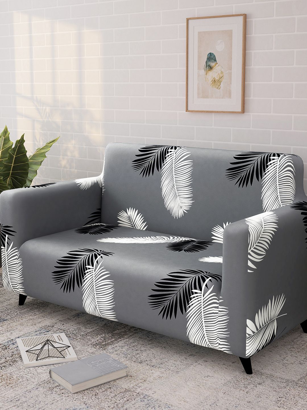 Story@home Grey & White Printed 2 Seater Stretchable Sofa Cover With Arms