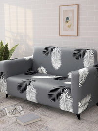 Story@home Grey & White Printed 2 Seater Stretchable Sofa Cover With Arms