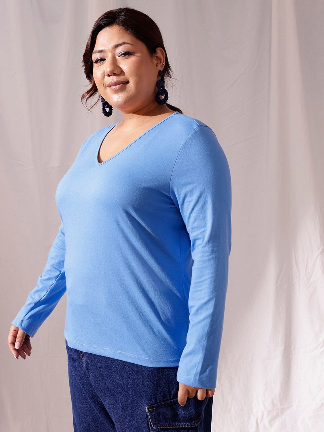 CURVY STREET Plus Size V-Neck Cotton T-shirt