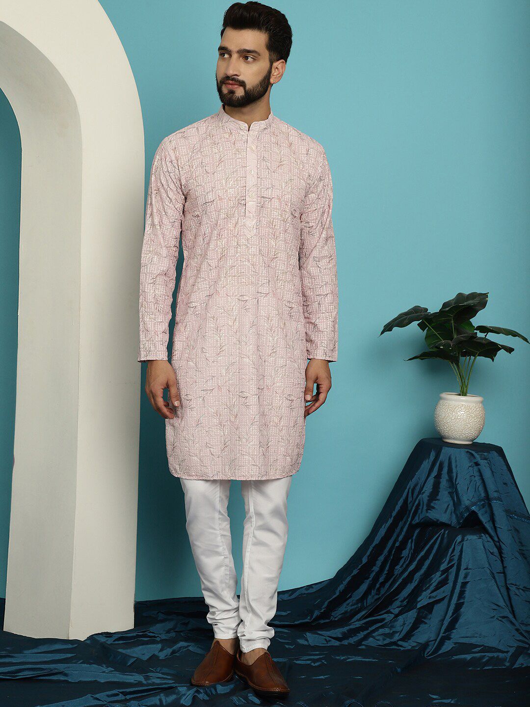 SOJANYA Floral Embroidered Band Collar Pure Cotton Kurta With Churidar