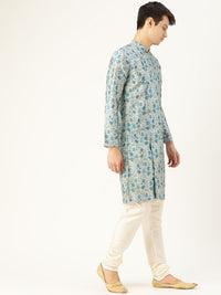 SOJANYA Men Grey & Blue Floral Print Angrakha Straight Kurta