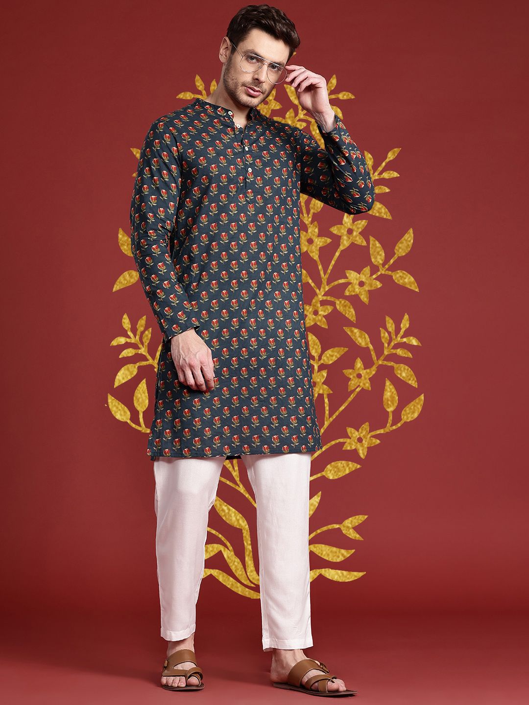 Anouk Band Collar Floral Printed Pure Cotton Kurta
