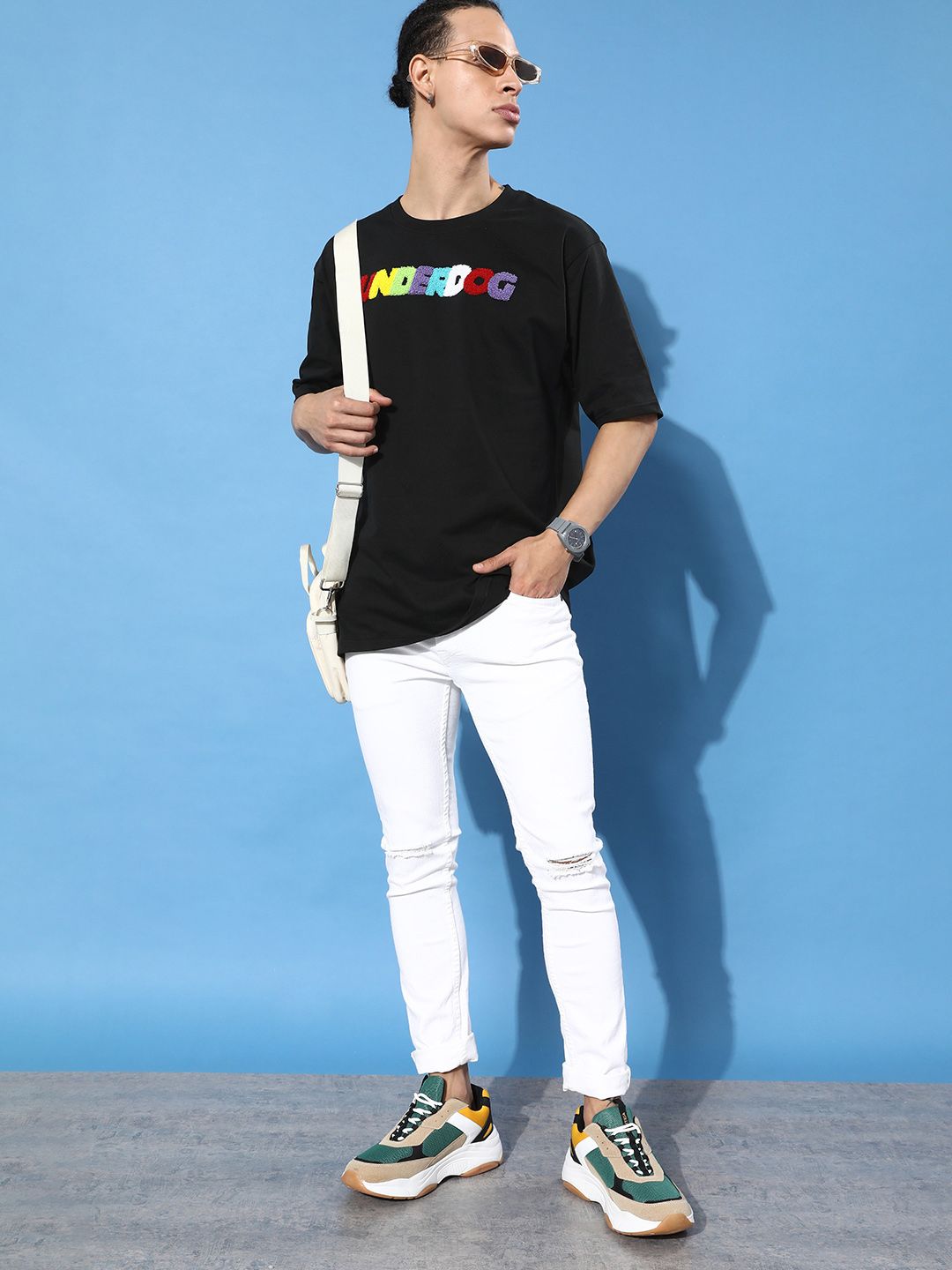 Difference of Opinion Men Black Typography Embroidered Oversize Pure Cotton Longline T-shirt