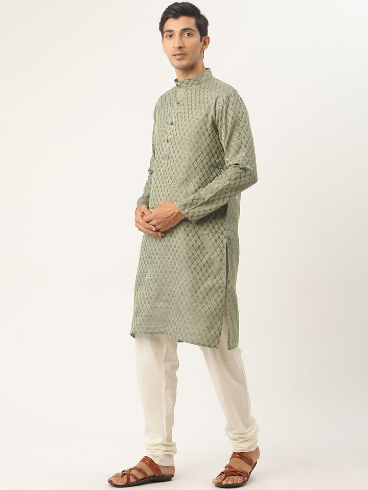 SOJANYA Men Green & Teal Blue Ethnic Motifs Kurta with Churidar & Nehru Jacket