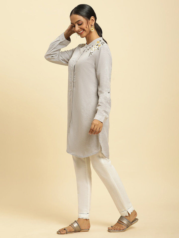 W Checked Collar Checked Band Collar Long Sleeve A-Line Kurta