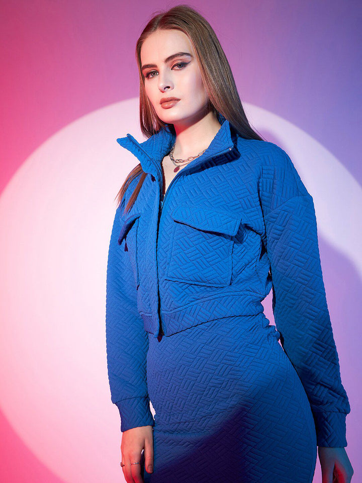 STREET 9 Blue Self Design Crop Bomber Jacket
