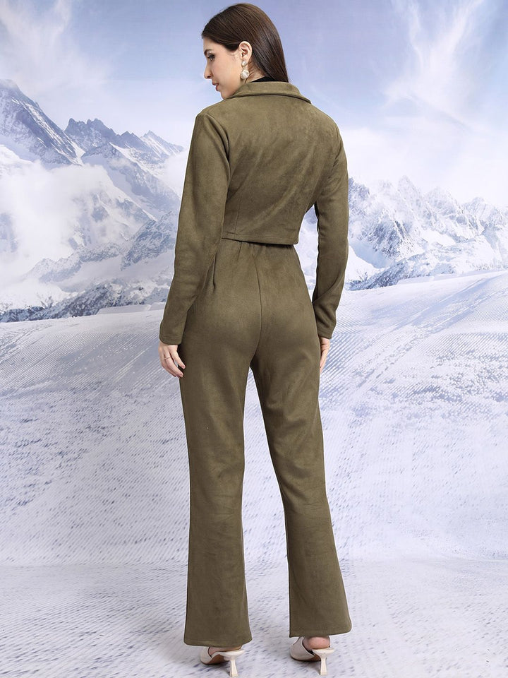 Tokyo Talkies Notched Lapel Collar Suede Crop Top & Trousers