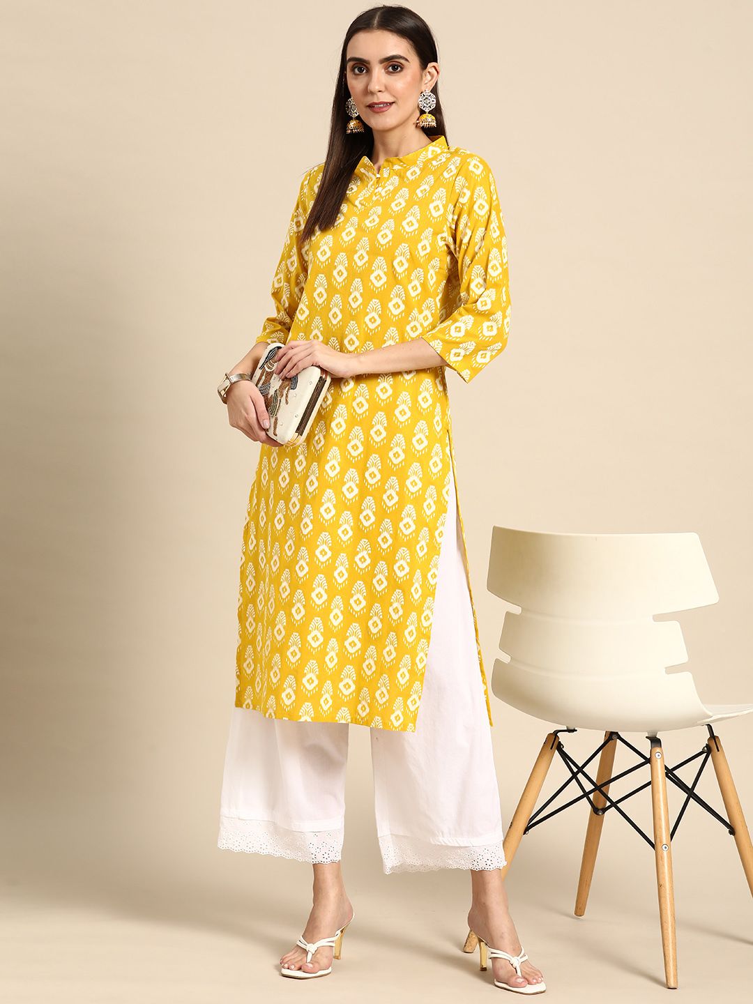 Anouk Women Mustard Yellow & Off White Pure Cotton Ethnic Motifs Printed Kurta