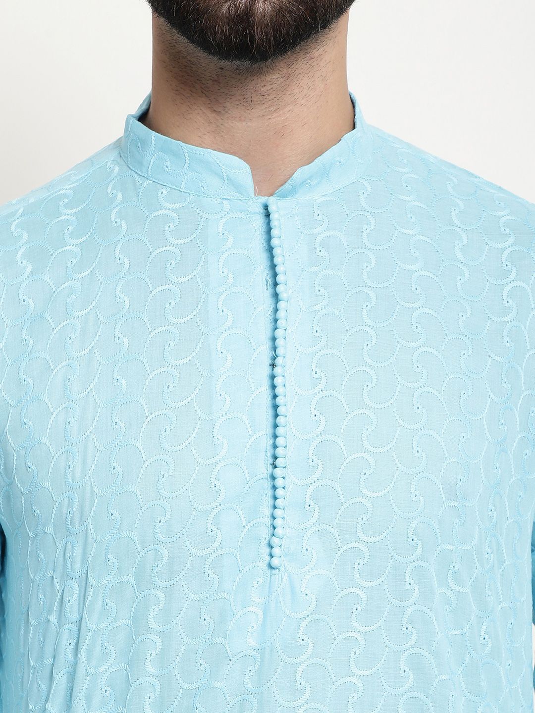SOJANYA Men Blue Chikankari Pure Cotton Kurta with Churidar & Nehru Jacket