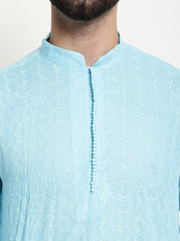 SOJANYA Men Blue Chikankari Pure Cotton Kurta with Churidar & Nehru Jacket