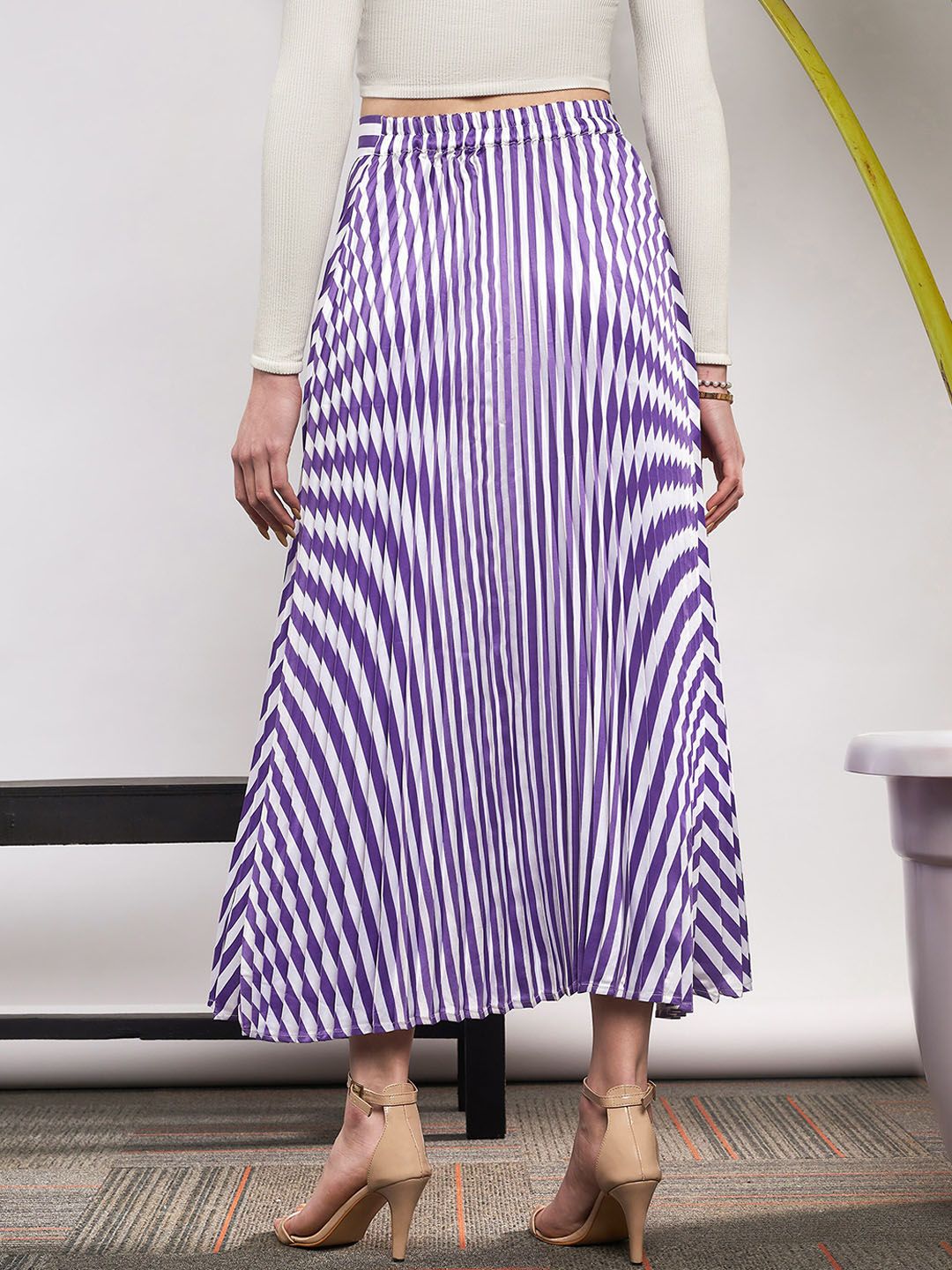 SASSAFRAS Striped Satin Accordion Pleated Maxi Flared Skirt