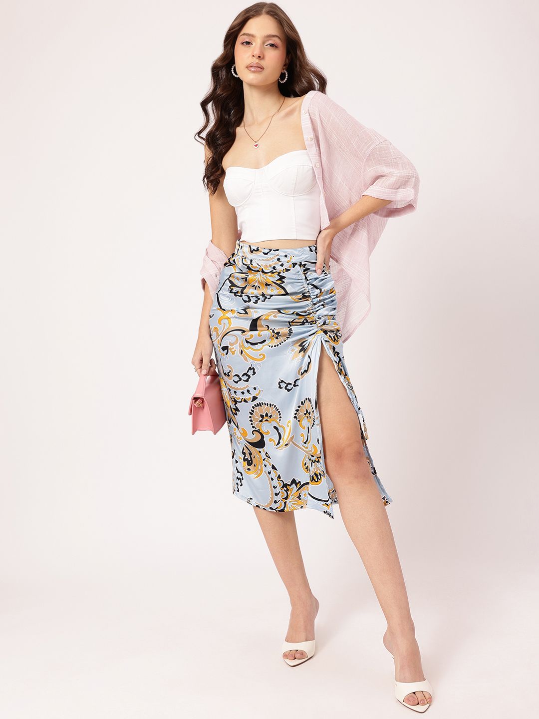 DressBerry Indie Vibes Printed Ruched A-Line Skirt