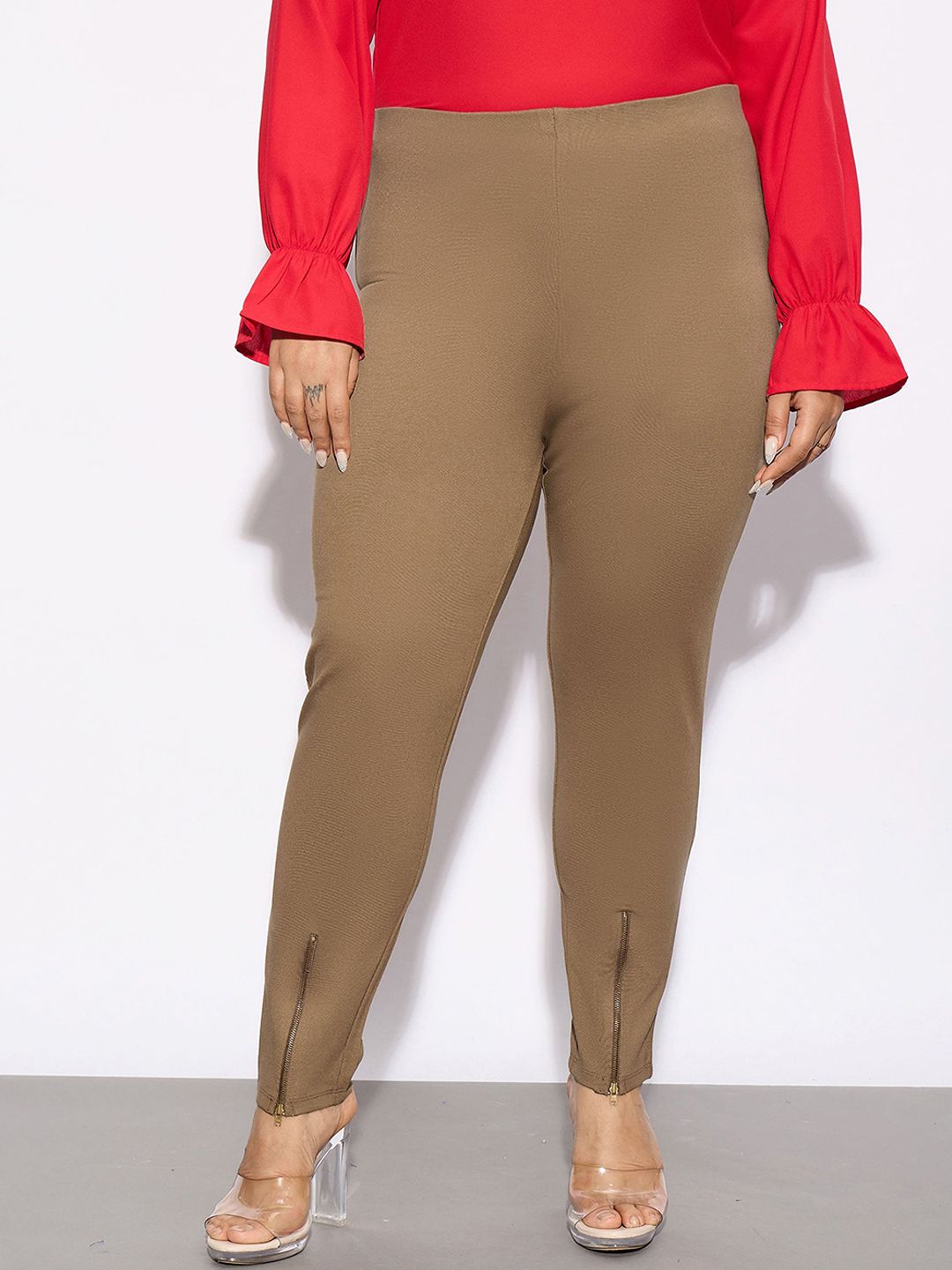 SASSAFRAS Curve Women Plus Size Beige Slim Fit Zip Detail Regular Trousers
