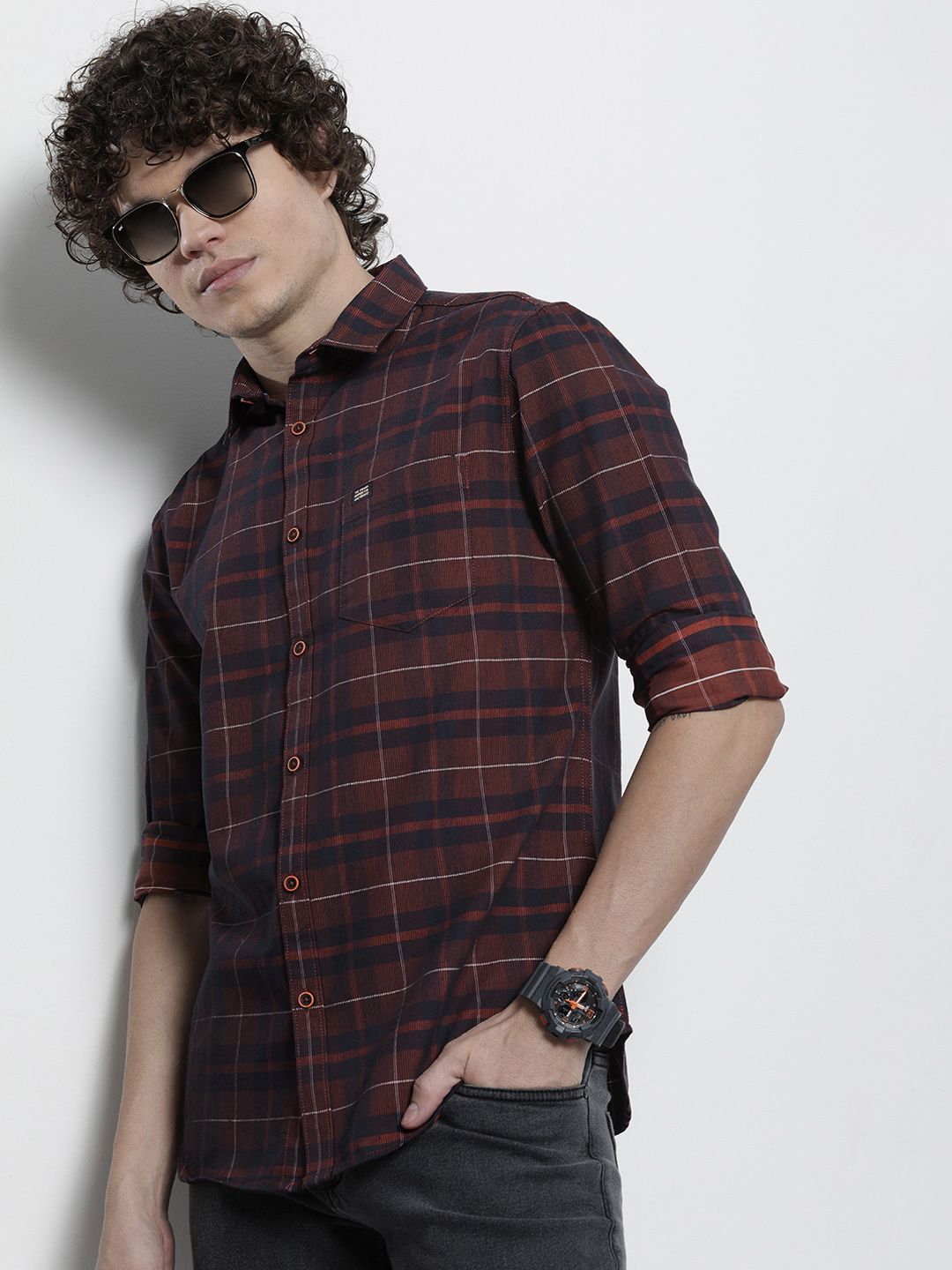 The Indian Garage Co Men Tartan Checked Cotton Casual Shirt