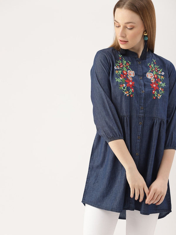 DressBerry Blue Self Design High-Low Chambray Pure Cotton Top