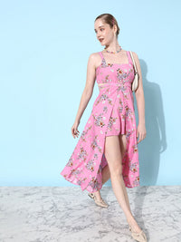 Dressberry Vibrant Pink Floral Print Hollerback Neck it Is A-Line Dress